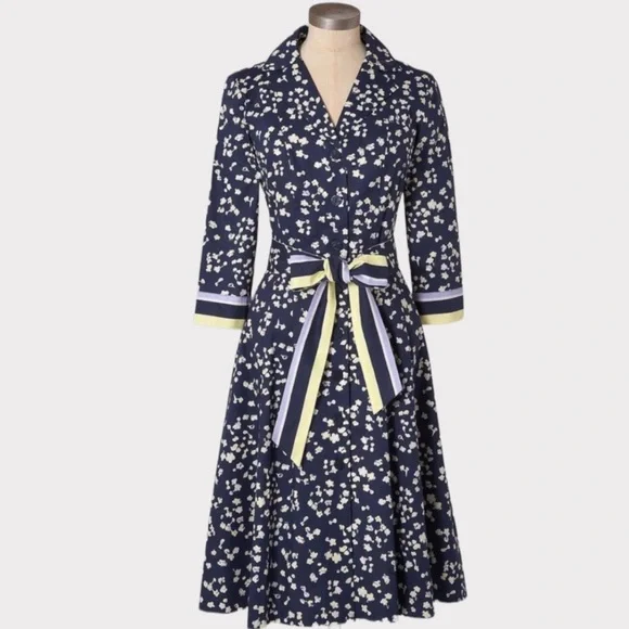 Boden Riviera Button Front Belted Shirt Dress Navy Blue Floral Size 10L - Picture 3 of 9